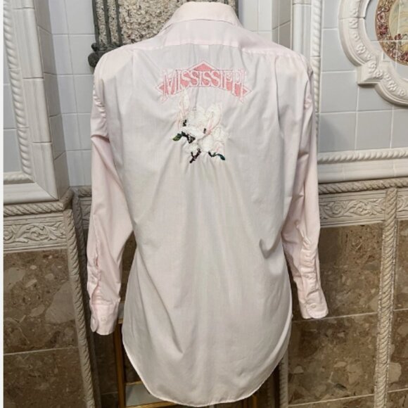 Embroidered "Big Shirt" Pink Mississippi Magnolia Long Sleeve Cotton Poly. B128 - Picture 4 of 6